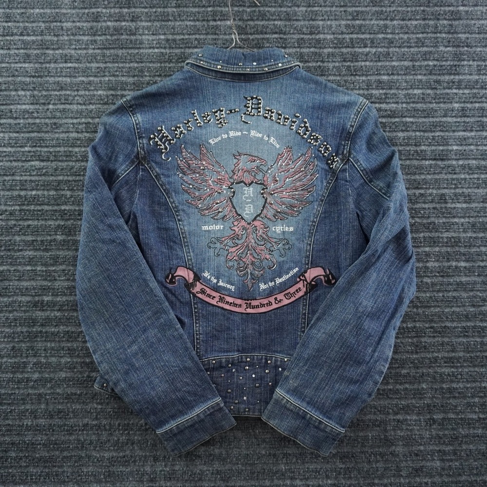 Harley-Davidson Denim Jacket Womens Small Blue Studded Eagle Graphic Biker